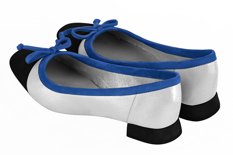 Matt black, light silver and electric blue women's ballet pumps, with low heels. Square toe. Flat flare heels. Rear view - Florence KOOIJMAN